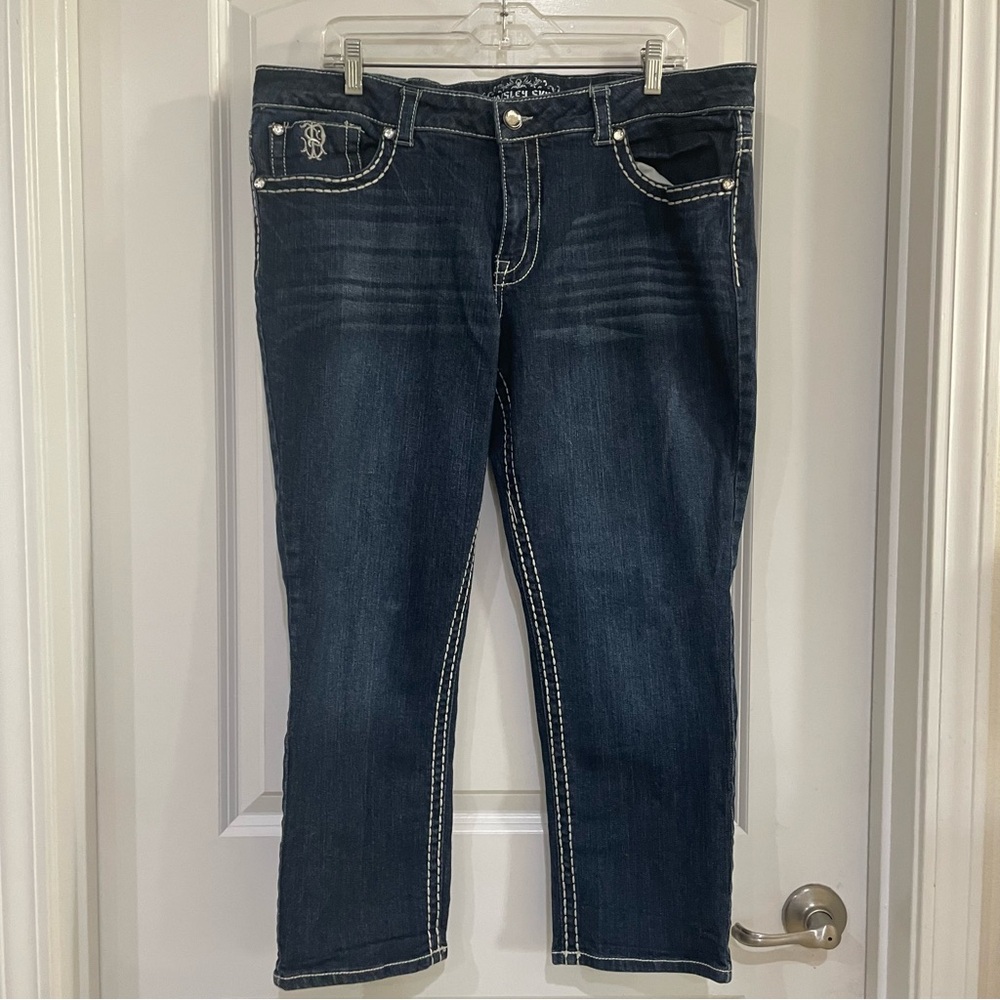 Women's Paisley Sky Skinny Cropped Dark Faded Wash Stretch Blue Jeans Size 18